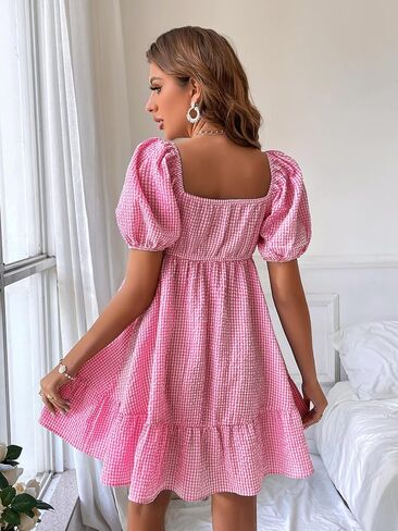 WDIRARA Women's Gingham Mini Summer Dresses Sweetheart Neck Short Puff Sleeve Plaid Ruffle Babydoll Dress in Saudi Arabia