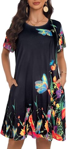 My Sky Women Summer Dresses Casual Short Sleeves Tshirt Cute Flowy Beach Plus Size Sundress with Pockets in Saudi Arabia