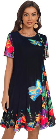 My Sky Women Summer Dresses Casual Short Sleeves Tshirt Cute Flowy Beach Plus Size Sundress with Pockets in Saudi Arabia