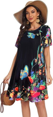 My Sky Women Summer Dresses Casual Short Sleeves Tshirt Cute Flowy Beach Plus Size Sundress with Pockets in Saudi Arabia
