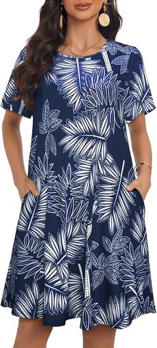 My Sky Women Summer Dresses Casual Short Sleeves Tshirt Cute Flowy Beach Plus Size Sundress with Pockets in Saudi Arabia