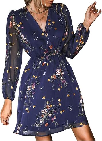 Women's Floral Print Chiffon Dresses V-Neck Tie Long Sleeve A-Line Ruffle Cocktail Party Dresses in Saudi Arabia