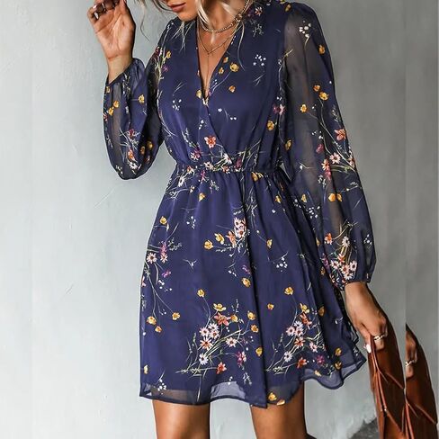Women's Floral Print Chiffon Dresses V-Neck Tie Long Sleeve A-Line Ruffle Cocktail Party Dresses in Saudi Arabia