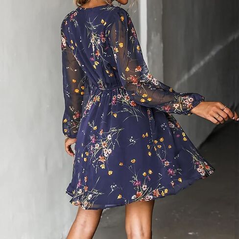 Women's Floral Print Chiffon Dresses V-Neck Tie Long Sleeve A-Line Ruffle Cocktail Party Dresses in Saudi Arabia