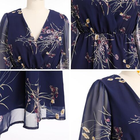 Women's Floral Print Chiffon Dresses V-Neck Tie Long Sleeve A-Line Ruffle Cocktail Party Dresses in Saudi Arabia