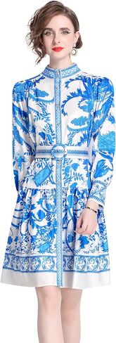 LAI MENG FIVE CATS Women's Floral Print Lantern Sleeve Button Casual A-line Mini Dress with Belt in Saudi Arabia