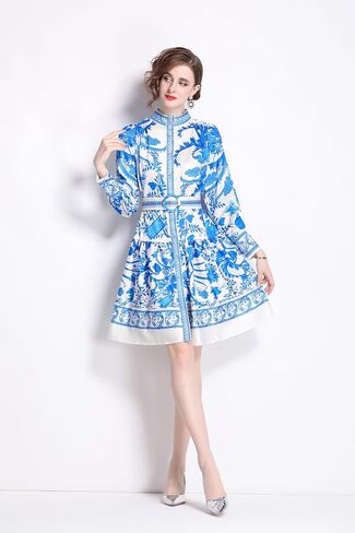 LAI MENG FIVE CATS Women's Floral Print Lantern Sleeve Button Casual A-line Mini Dress with Belt in Saudi Arabia