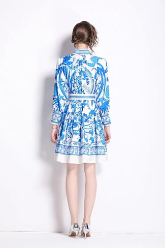 LAI MENG FIVE CATS Women's Floral Print Lantern Sleeve Button Casual A-line Mini Dress with Belt in Saudi Arabia