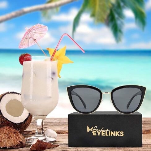 PZ Polarized - نظارات شمسية نسائية ذات تصميم كبير الحجم على شكل جسر معدني على شكل عين القطة، حماية من الأشعة فوق البنفسجية in Kuwait