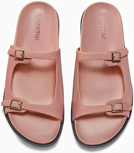 Coutgo Womens Flat Sandals Comfortable Wide Width Slides Double Strap Adjustable Buckle Slip on Shoes in Saudi Arabia