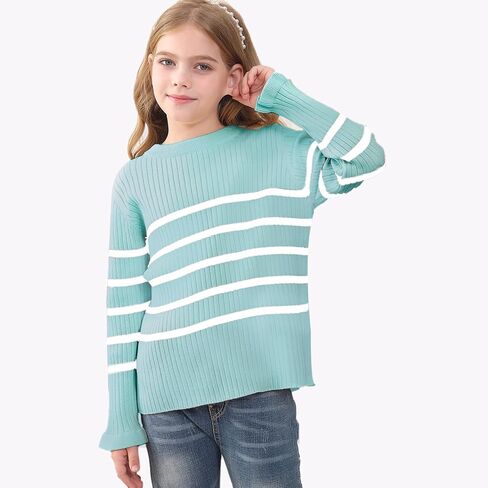 OEBLD Girl's Striped Knit Oversized Fall Sweaters Fashion Long Sleeve Crewneck Pullover Sweater Trendy Outfits in Kuwait