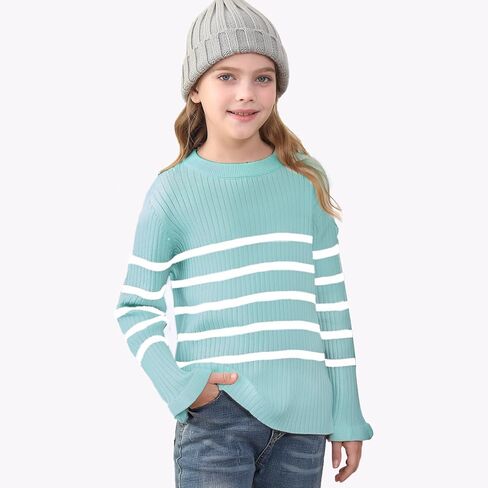 OEBLD Girl's Striped Knit Oversized Fall Sweaters Fashion Long Sleeve Crewneck Pullover Sweater Trendy Outfits in Kuwait