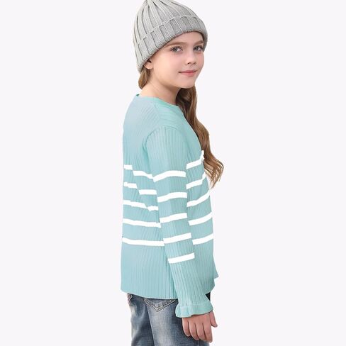 OEBLD Girl's Striped Knit Oversized Fall Sweaters Fashion Long Sleeve Crewneck Pullover Sweater Trendy Outfits in Kuwait