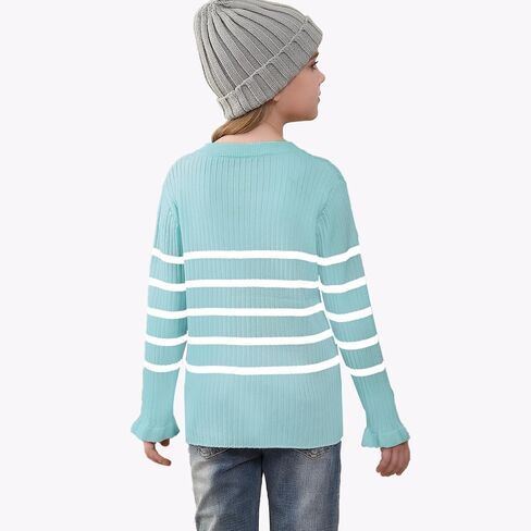 OEBLD Girl's Striped Knit Oversized Fall Sweaters Fashion Long Sleeve Crewneck Pullover Sweater Trendy Outfits in Kuwait