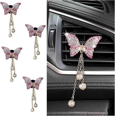 BESULEN Bling Butterfly Car Aromatherapy Air Vent Clips, 4 Pack Air Fresheners Vent Clips with Pearl Pendant, Sparkly Diamond Oil Diffuser Locket, Car Essential Decor Accessories for Women (4*Pink) in Saudi Arabia