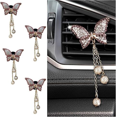 BESULEN Bling Butterfly Car Aromatherapy Air Vent Clips, 4 Pack Air Fresheners Vent Clips with Pearl Pendant, Sparkly Diamond Oil Diffuser Locket, Car Essential Decor Accessories for Women (4*Pink) in Saudi Arabia