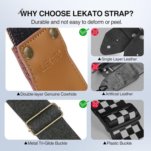 حزام جيتار LEKATO مع نهايات من جلد البقر وأشرطة الدنيم الغربية للجيتار الكهربائي الصوتي يتضمن 6 اختيارات وأقفال حزام وربطة رأس أفضل هدية للرجال والنساء لعازفي الجيتار والموسيقيين in Kuwait