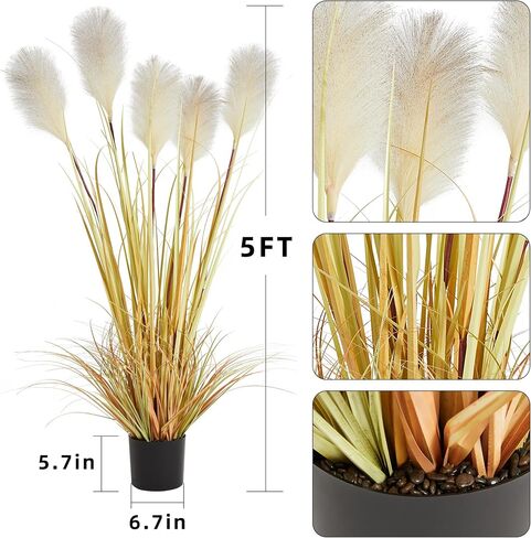 KOL 5ft 2-Pack Artificial Feather Reed Grass, 59in Tall Artificial Indoor Outdoor Fake Horsetail Grass, Home Office Décor Artificial Plants in Pot Faux Greenery, Housewarming Gift - Gradient Color in Saudi Arabia