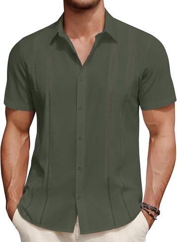 قميص COOFANDY الرجالي الكوبي Guayabera بأكمام قصيرة وأزرار للأسفل قمصان الصيف للشاطئ قميص غير رسمي لقضاء العطلات ملابس المنتجعات in Saudi Arabia