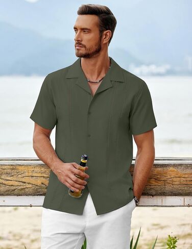 قميص COOFANDY الرجالي الكوبي Guayabera بأكمام قصيرة وأزرار للأسفل قمصان الصيف للشاطئ قميص غير رسمي لقضاء العطلات ملابس المنتجعات in Saudi Arabia