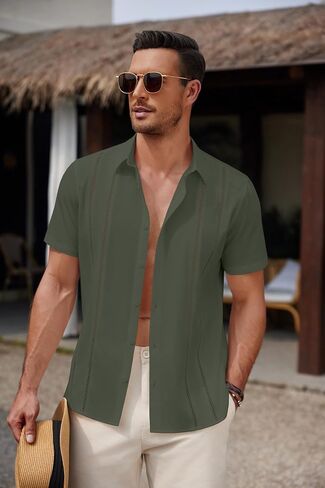 قميص COOFANDY الرجالي الكوبي Guayabera بأكمام قصيرة وأزرار للأسفل قمصان الصيف للشاطئ قميص غير رسمي لقضاء العطلات ملابس المنتجعات in Saudi Arabia