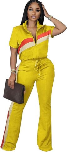 Batehif Women's Lounge Outfits Two Piece Sets 80s 90s Short Sleeve Zipper Top Flare Legging Pants in Saudi Arabia