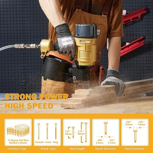 Kingou CN70 Coil Siding Nailer Decking Nailer Accepts 1-3/4-Inch to 2-3/4-Inch Nails with 1/4 NPT Air Connector 225-300pcs Load Capacity Coil Nailer Coil Nail Gun for Wooden Box Packing in Saudi Arabia