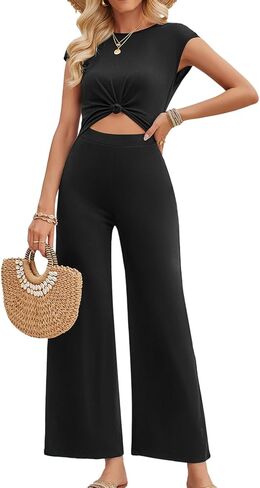 Velius Women Short Sleeves Tee Cutout Backless One Piece Wide Leg Jumpsuit in Saudi Arabia