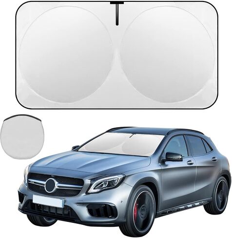 Car Windshield Sun Shade with Storage Pouch and Fixed Strap Durable Car Sun Visor 210T Reflective Material Blocks UV Rays and Keeps Your Vehicle Cool for Car SUV Truck (Medium 64''x32'') in Saudi Arabia