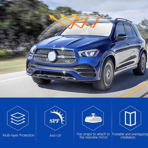 Car Windshield Sun Shade with Storage Pouch and Fixed Strap Durable Car Sun Visor 210T Reflective Material Blocks UV Rays and Keeps Your Vehicle Cool for Car SUV Truck (Medium 64''x32'') in Saudi Arabia