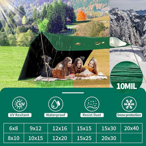 قماش القنب 15 × 15 قدم عالي التحمل 100% مقاوم للماء 10 مل، مقاوم للأشعة فوق البنفسجية، حلقات متينة وحواف معززة، قماش القنب الأخضر/الأسود للتخييم، حمامات السباحة، تغطية السيارة - من MVPNET in Kuwait