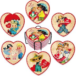 6Pcs Valentine's Day Ceramic Coasters with Metal Holder Vintage Drink Coasters Red Heart Shaped Absorbent Coasters for Housewarming Gifts Home Kitchen Table Decor