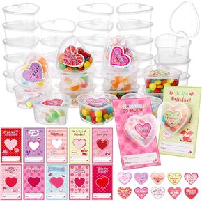 100 Set Valentine's Day Clear Heart Box Set Includes Transparent Plastic Box Craft Containers for Organizing with Cards Heart Stickers for Valentine's day Classroom Gift Exchange