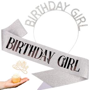 AOPRIE Birthday Girl Headbands Sash Tiara Crown for Women Girls Rhinestone Happy Birthday Accessories Favor Supllies Gold Black Silver Pink, 3 Pack