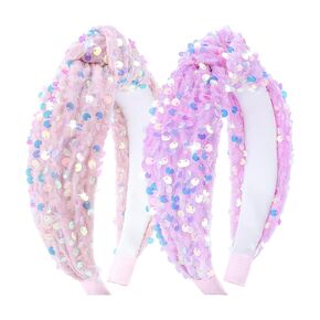 Sequin Knotted Headbands - Sparkly Pink Glitter Velvet Hair Accessories for Girls, Kids 2Pcs