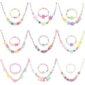 Vefungyan Beaded Necklace and Bracelet Girls: 9 Sets kids Dress Up Jewelry Favors Bags for Princess party Pretend Play