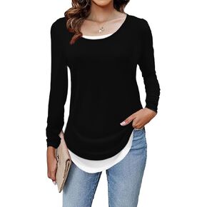 Womens Trendy Long Sleeve Shirts Casual Fake Two-Piece T Shirts Color Block Crewneck Tunic Pullover Top