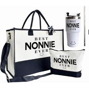 Canvas Tote Bag for Women, 20 oz Stainless Steel Water Cup, Best Nonnie Ever Tote Bag, Shoulder Beach Bag, Travel Bag Gifts for Grandma, Tote Bag With Zipper, Mothers Day Birthday Christmas Gift