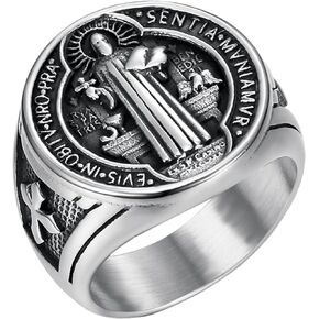 OIDEA Catholic St Benedict Rings for Men: Stainless Steel Catholic Saint Benedict Medal Signet Rings Jesus Cross Exorcism Religious Amulet Jewelry Gift