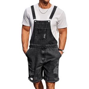 Runcati Mens Denim Shorts Bib Overall Loose Fit Ripped Jeans Adjustable Straps Summer Workwear Jumpsuit