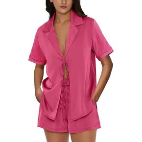 Remidoo Women's Satin Pajama Set Tie Front Tops and Shorts 2 Piece Pj Sets Sleepwear