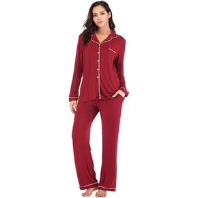 Womens Cotton Pajama Sets Long Sleeve Pajamas for Women Sleepwear Button Down Nightwear Lounge PJ Sets