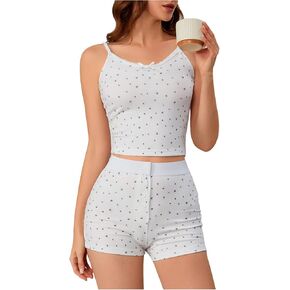 SOLY HUX Women's 2 Piece Pajama Set Floral Print Lace Camisole Shorts Loungwear Sleepwear