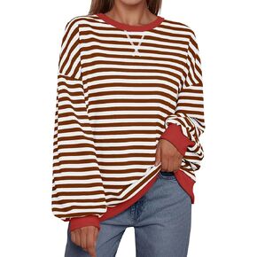 Trendy Queen Oversized Sweatshirt for Women 2024 Fall Crewneck Striped Long Sleeve Shirts Hoodies Preppy Top Y2K Outfits SEBrownWhite M