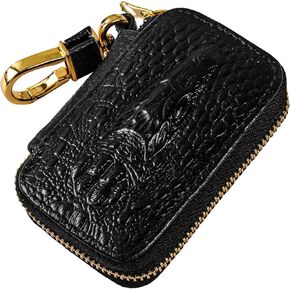Genuine Leather Car Key fob case, Car Keychain Holder Metal Hook and Keyring Zipper Bag for Remote Key Fob holder(Black)