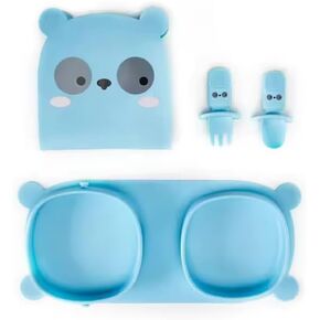 Snakie Toddlers travel essential on the go, bear shaped plates with fork and spoon, self feeding 6 months, foldable,silicone,BPA free (Pink)