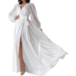 BATHGOWN Women Satin Silk Gown Wedding White Bridal Robe Chiffon Pearl Boudoir Nightgown for Maternity Photoshoot Honeymoon
