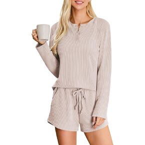 BMJL Womens Pajamas Lounge Sets Ribbed Two Piece Outfit Pj Sets Long Sleeve Shirt And Shorts Loungewear With Pockets