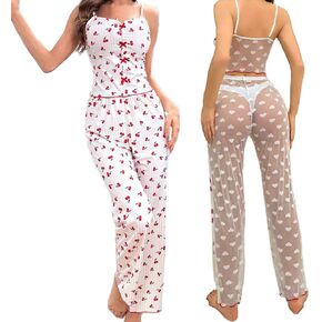 Women's Cute Pajama Set Sexy Lingerie Print Sleepwear Cami Top and Long Lounge Pajama Set