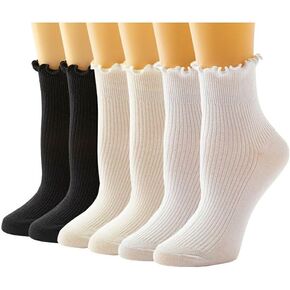 جوارب Gellwhu للكاحل مكشكشة للنساء - جوارب ربعية مزخرفة بالخس - جوارب لطيفة من القطن للكاحل ماري جين لوفر in Kuwait